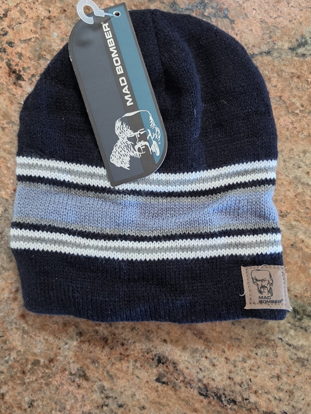 NWT Mad Bomber Striped Knit Beanie Hat – Navy Blue/Grey/White – One Size Fits Mo